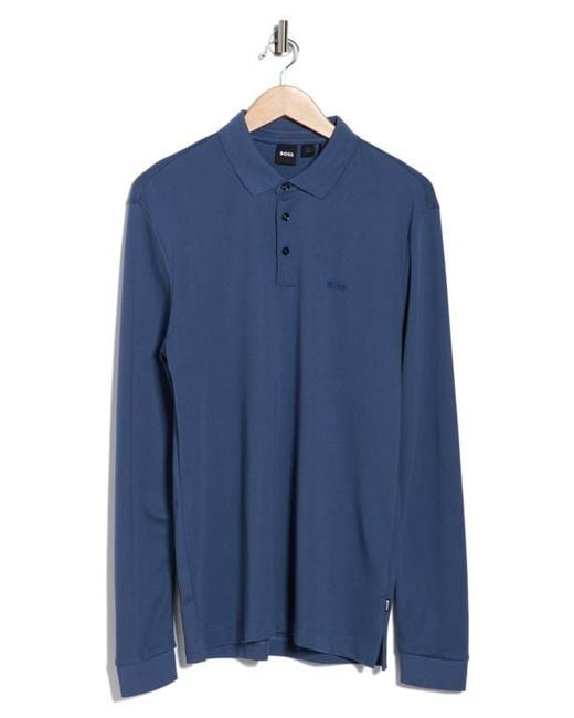 Boss Blue Pado Long Sleeve Cotton Polo for men