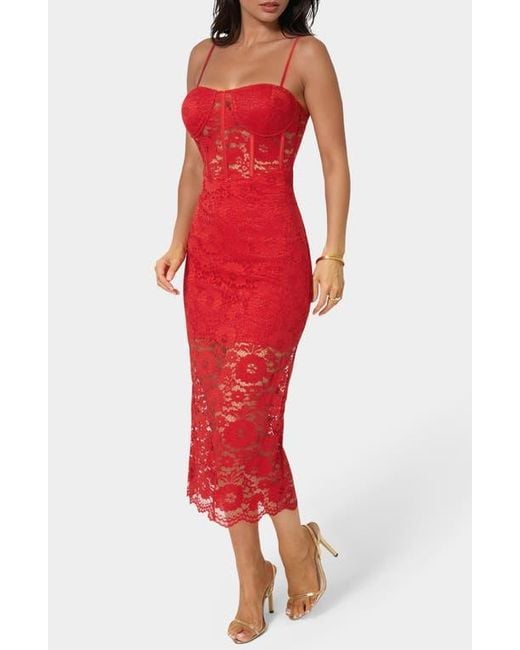 Bebe Red Lace Corset Body-Con Midi Dress