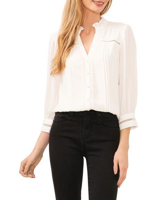 Cece White Pintuck Ruffle Button-Up Top