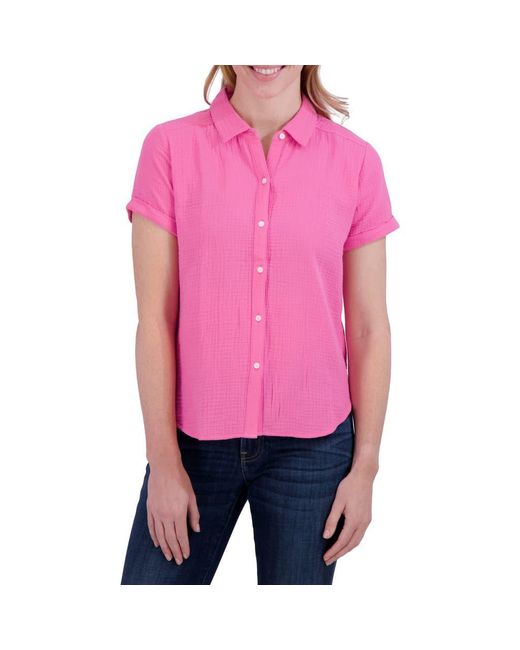 Lucky Brand Pink Short Sleeve Cotton Gauze Button-Up Shirt
