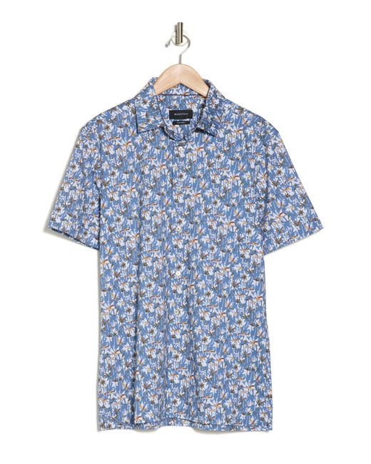Bugatchi Blue Trim Fit Palm Print Short Sleeve Stretch Cotton Button-up Shirt for men