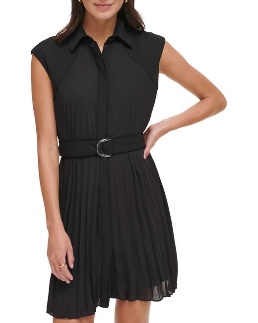 DKNY Black Pleated Sleeveless Shirtdress