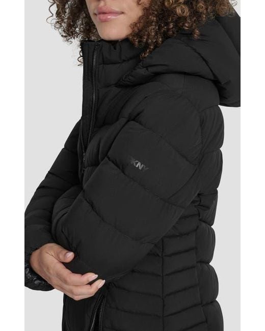 DKNY Black Cire Packable Hooded Longline Puffer Jacket