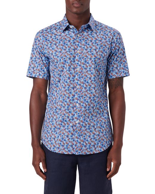 Bugatchi Blue Shaped Fit Floral Print Short Sleeve Button-up Camp Shirt for men