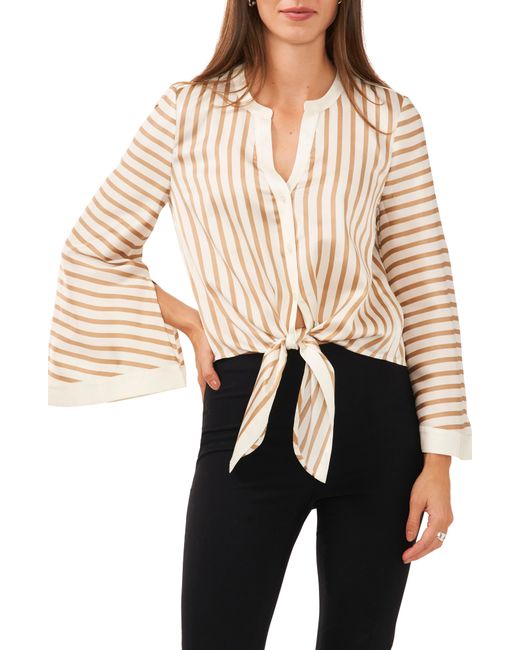 Halogen® Natural Stripe Bell Sleeve Tie Front Button-up Top