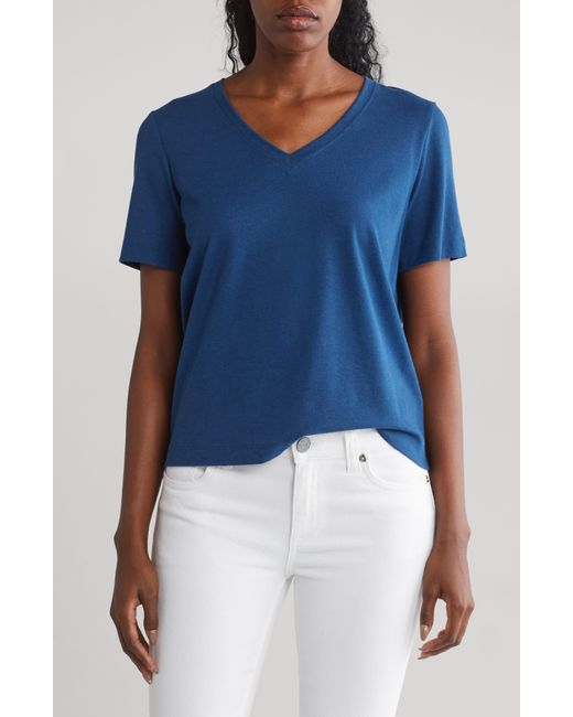 Lafayette 148 New York Blue James V-neck Linen & Cotton T-shirt