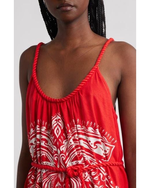 Farm Rio Red Majestic Coconut Tree Linen Blend Midi Dress