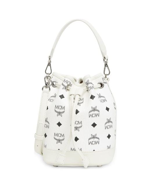 MCM White Dessau Drawstring Mini Shoulder Bag