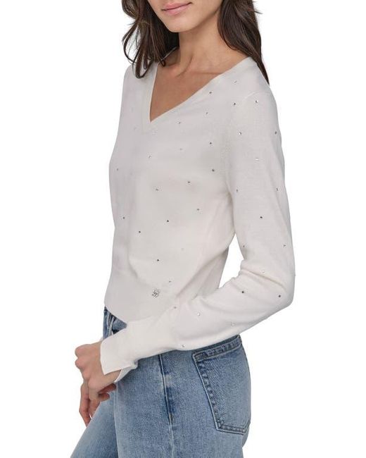 DKNY White V-Neck Crystal Embellished Sweater