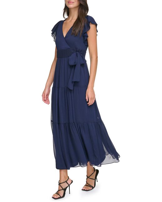 DKNY Blue Flutter Sleeve Tiered Maxi Dress