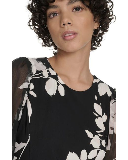 Tommy Hilfiger Black Floral Long Sleeve Ruffle Mixed Media Midi Dress