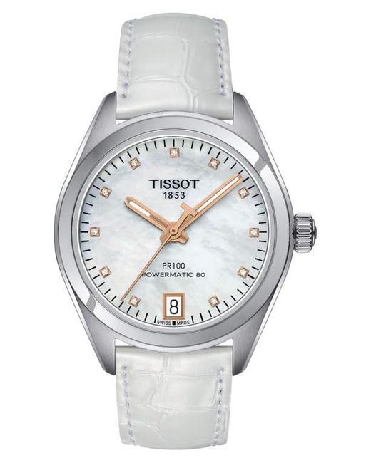 Tissot Gray Pr 100 Auto Classic Croc Embossed Leather Strap Watch, 33Mm