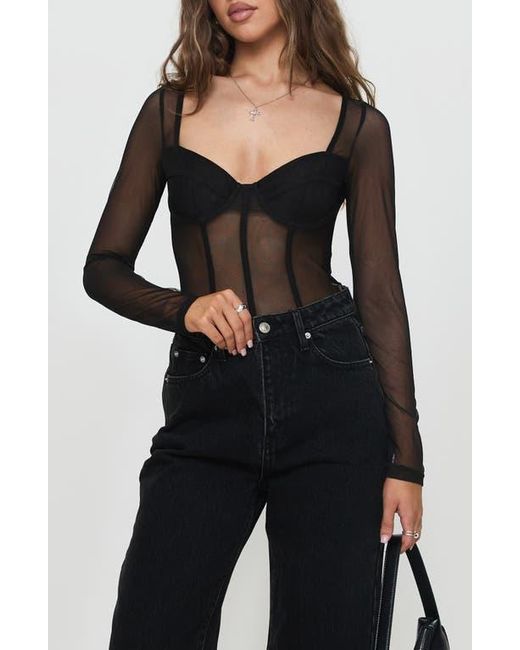 Princess Polly Black Leonie Long Sleeve Mesh Bodysuit