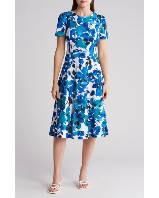 Calvin Klein Blue Floral Short Sleeve Fit & Flare Midi Dress