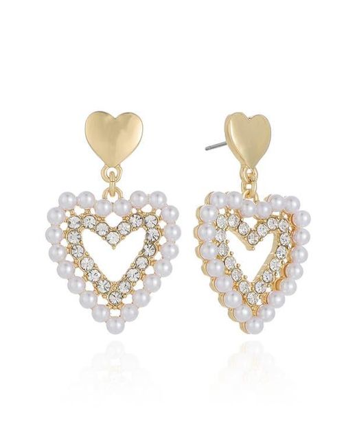 Ettika Metallic Faux Pearl & Cubic Zirconia Heart Drop Earrings
