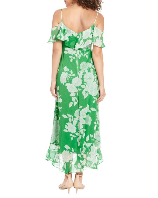 London Times Green Floral Ruffle Cold Shoulder Chiffon Maxi Dress