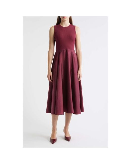 Theory Women's Red Sleeveless Mixed Media Midi Dress
