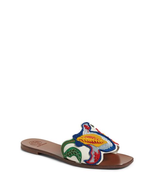 Tory Burch Multicolor Beads Embroidered Leather Bianca Slides Size 39