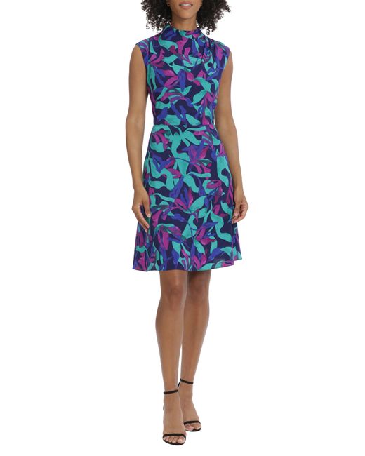 Maggy London Blue Printed Funnel Neck Fit & Flare Dress