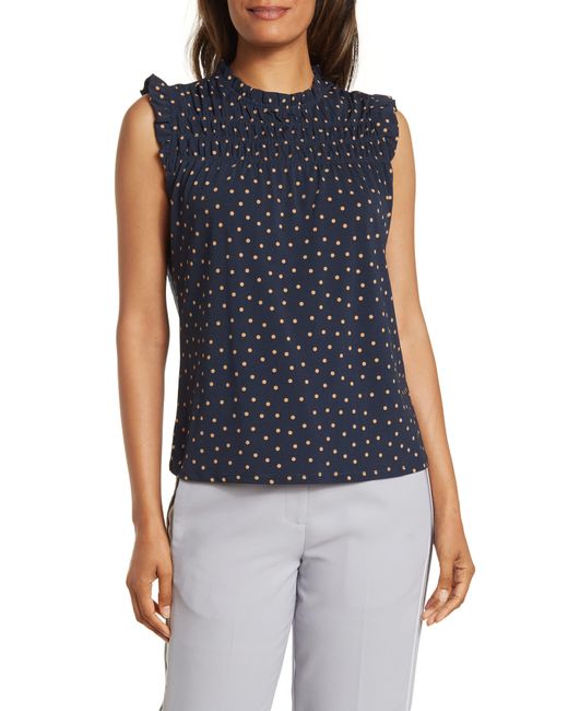 Adrianna Papell Blue Printed Ruffle High Neck Top In Navy/khaki Basic Dot At Nordstrom Rack