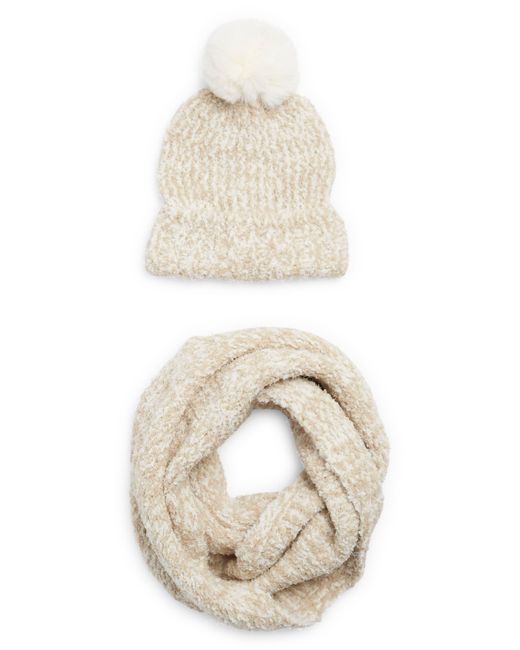 Vince Camuto White Marled Knit Scarf & Beanie With Faux Fur Pompom
