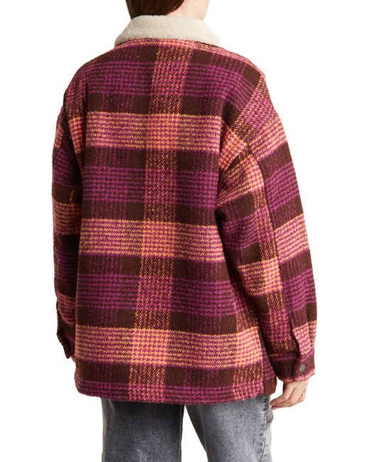 Roxy Red Passage Of Time Plaid Shacket With Faux Shearling Collar