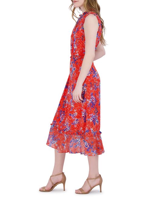 Julia Jordan Red Floral Swiss Dot Sleeveless Midi Dress
