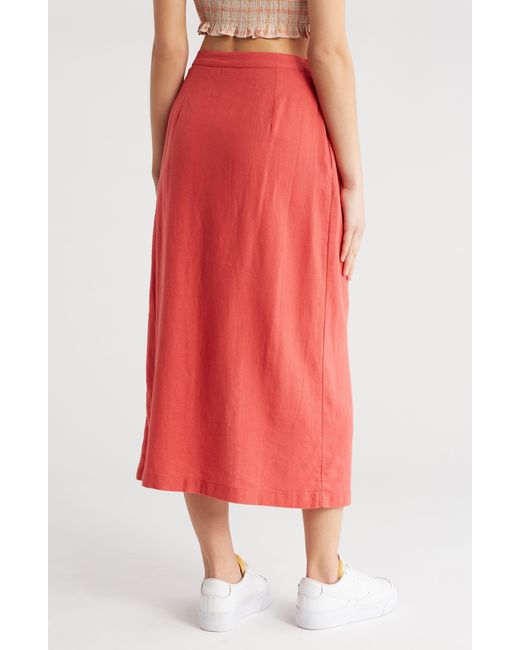 Melrose and Market Red Faux Wrap Linen Blend Midi Skirt