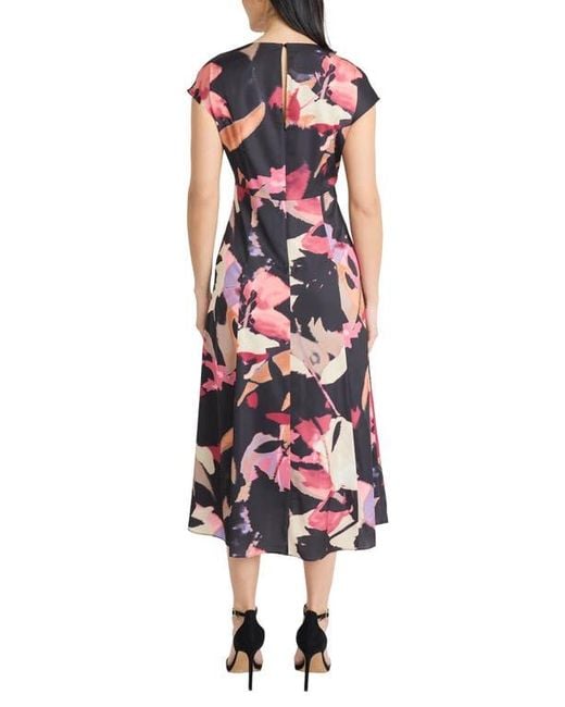 Maggy London Red Floral Cap Sleeve A-Line Midi Dress