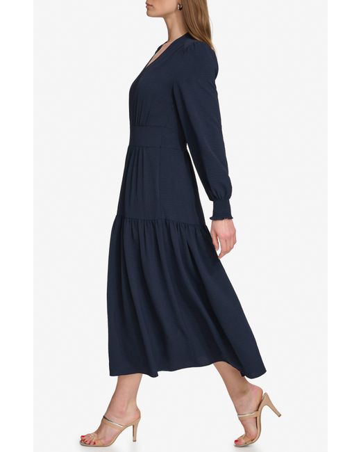 DKNY Blue Tiered Long Sleeve Midi Dress