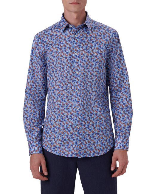 Bugatchi Blue Shaped Fit Print Stretch Cotton Button-up Shirt for men