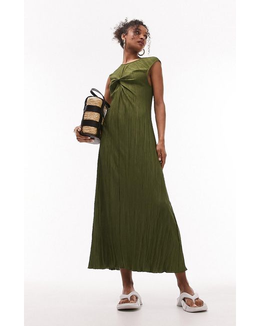 TOPSHOP Green Twist Front Textured Jersey Column Midi Dress