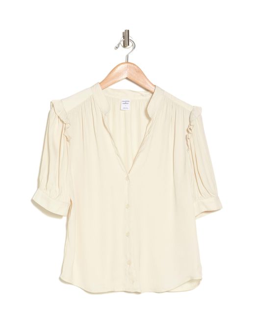 Melrose and Market White Ruffle Sleeve Split Neck Button-up Top