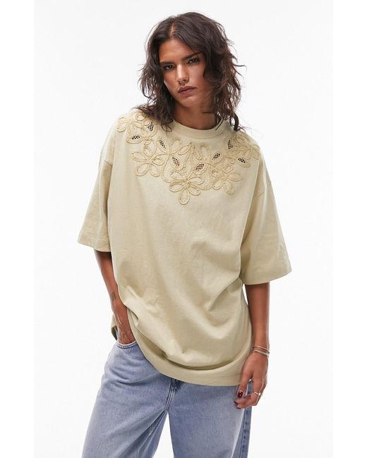 TOPSHOP Natural Oversize Embroidered Cotton T-shirt