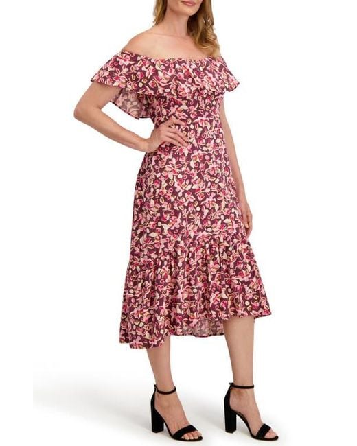 Laundry by Shelli Segal Red Emily Off The Shoulder Ruffle Cotton High-Low Dress