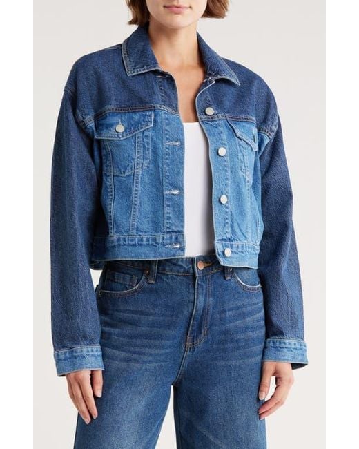 Habitual Blue Colorblock Crop Trucker Jacket