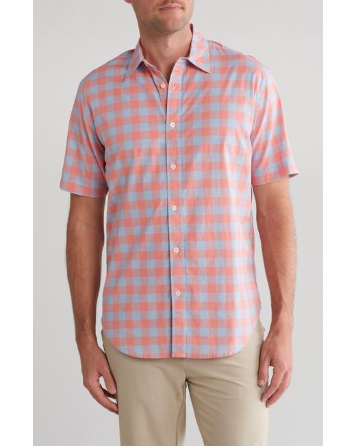 COASTAORO Red Ethan Check Stretch Cotton & Linen Short Sleeve Button-up Shirt for men