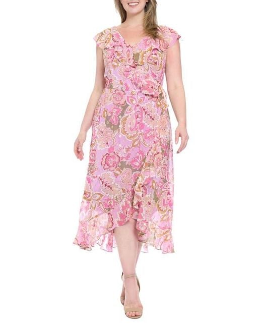 London Times Ruffle Faux Wrap Maxi Dress in Pink | Lyst