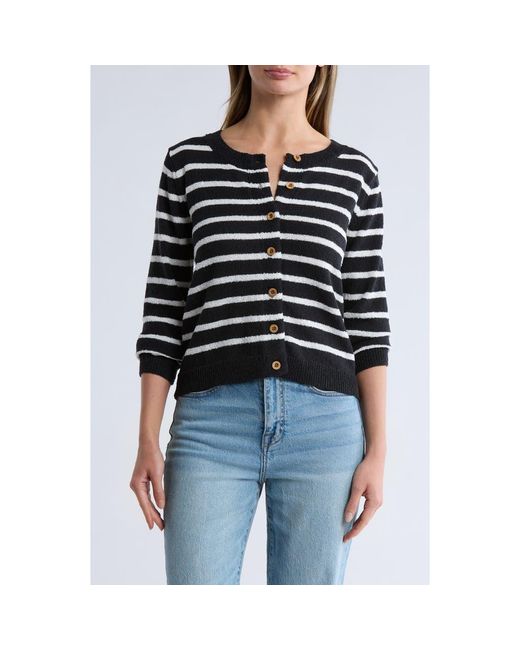 Bobeau Black Stripe Button Front Crop Cardigan