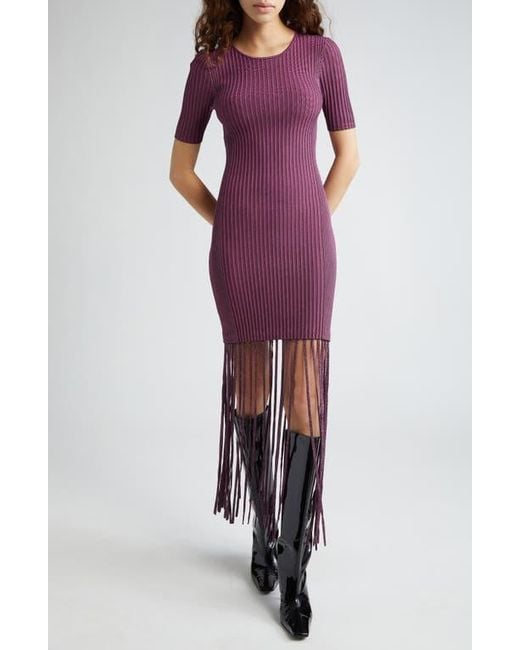 Ganni Melange Rib Fringe Detail Knit Dress in Purple | Lyst