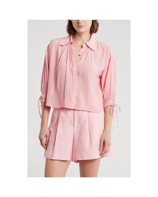 Ramy Brook Pink Amaia Tie Cuff Crop Button-Up Top