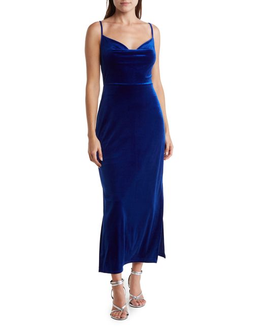 Taylor Dresses Blue Cowl Neck Stretch Velvet Dress