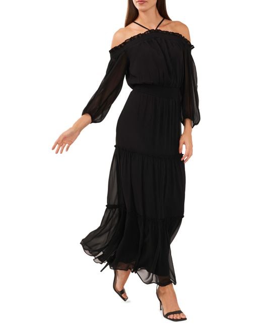 Halogen® Black Cold Shoulder Long Sleeve Halter Maxi Dress