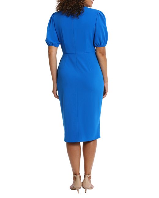 London Times Blue Short Puff Sleeve Tie Waist Midi Dress