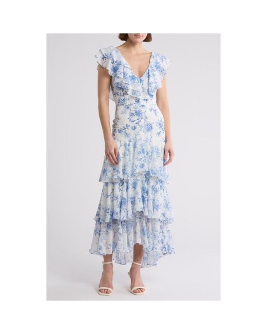 Wayf Floral Ruffle Tiered Dress in Blue | Lyst