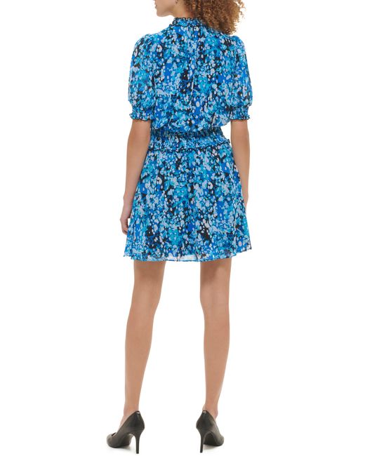Karl Lagerfeld Blue Floral Puff Sleeve Chiffon Dress