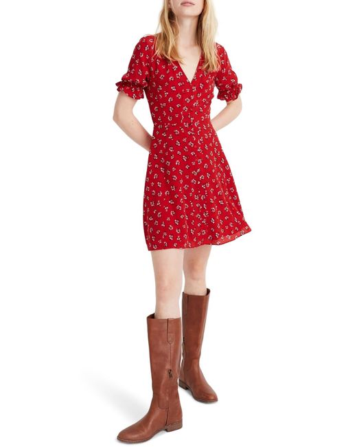 Madewell Red Petite Silk Ruffle-sleeve Button-front Dress In Little Lilies