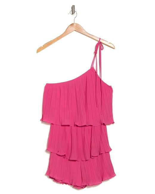 Lulus Red Blowing Kissed Pleated Ruffle One-shoulder Romper