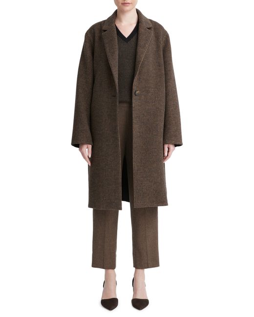 Vince Brown Houndstooth Check Recycled Wool Blend Coat