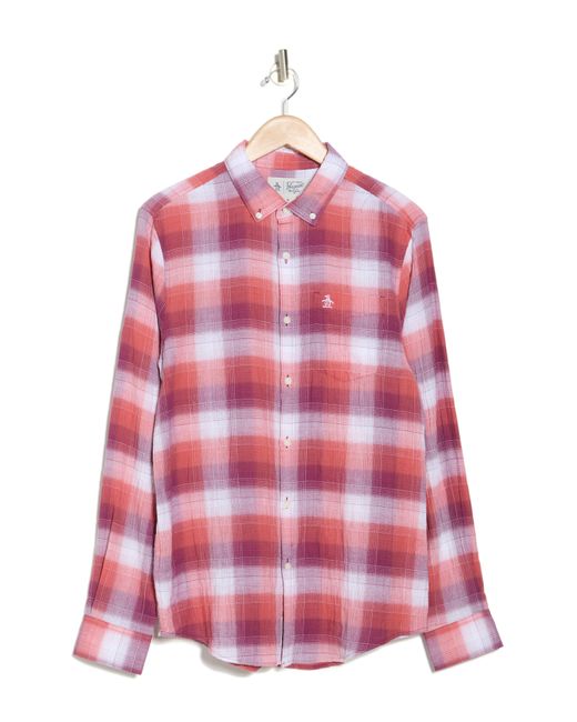 Original Penguin Pink Plaid Long Sleeve Crinkle Cotton Button-up Shirt for men